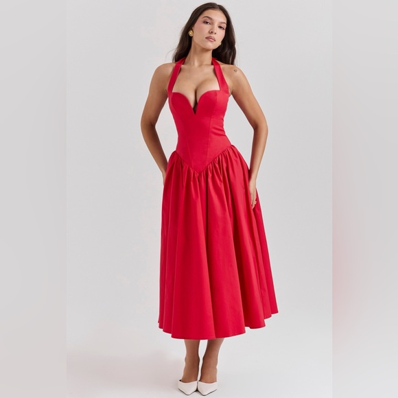 House of CB Coquette Scarlet halter midi dress Plus Cup - Picture 6 of 6